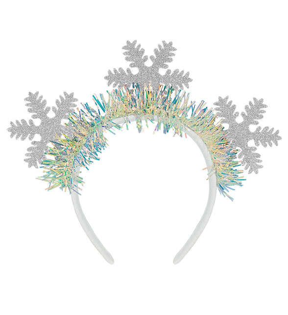 Hoofdband sneeuwvlokken glitter Bram met drie zilveren glittervlokken en iriserende slinger voor Kerst