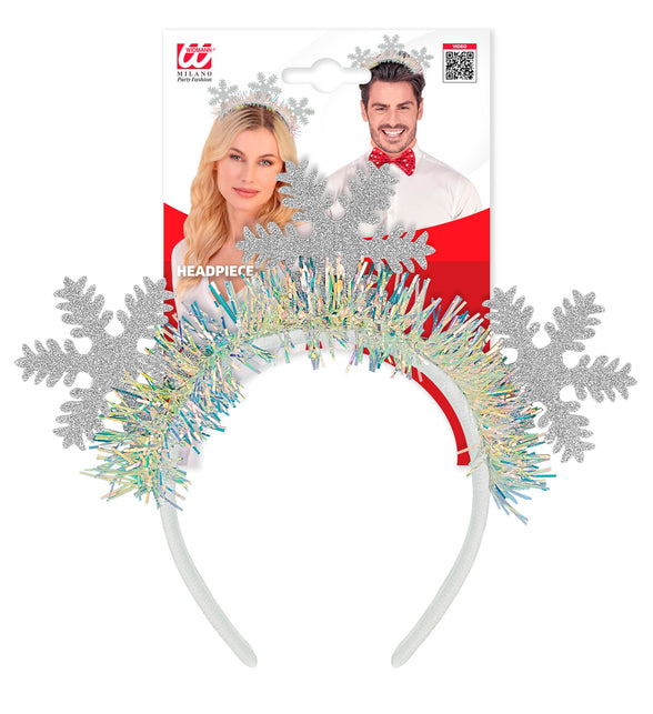Hoofdband sneeuwvlokken glitter Bram in de verpakking van Widmann, zilveren vlokken op witte band