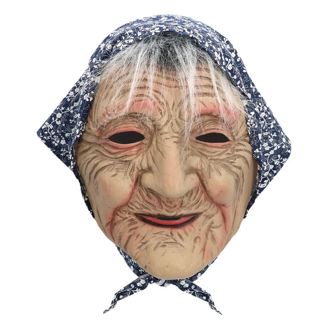 Hoofdmasker oude vrouw van latex, vooraanzicht met roze wangen, lachende mond en geknoopte hoofddoek