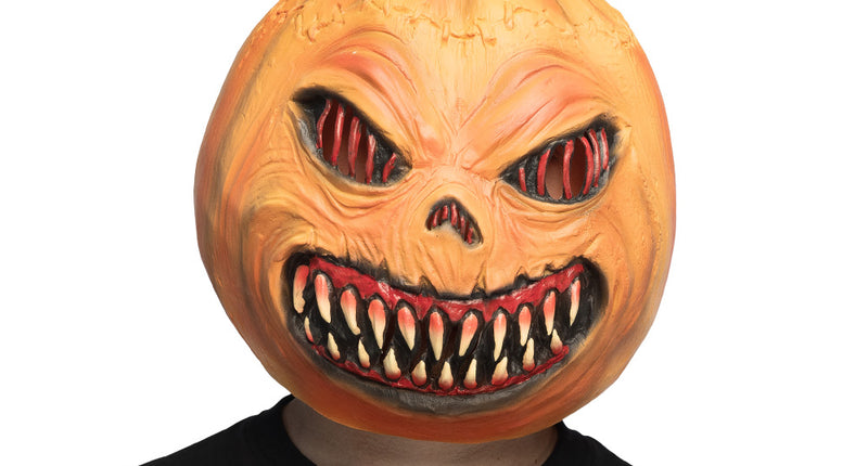Hoofdmasker Pumpkin monster gedragen, pompoenkop met rode ogen en spitse tanden voor Halloween