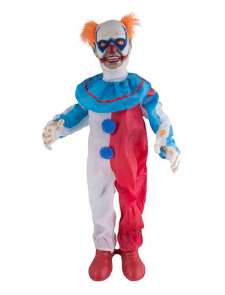 Horror clown decoratiepop 95 cm in wit-rode overall met blauwe kraag, pompons en oranje haar voor Halloween
