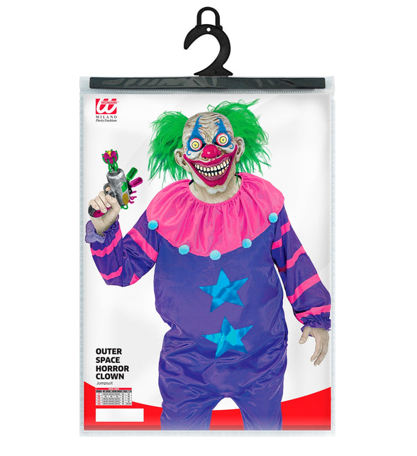 Horror clown jumpsuit Creapy in de verpakking van Widmann met maattabel S tot XXL