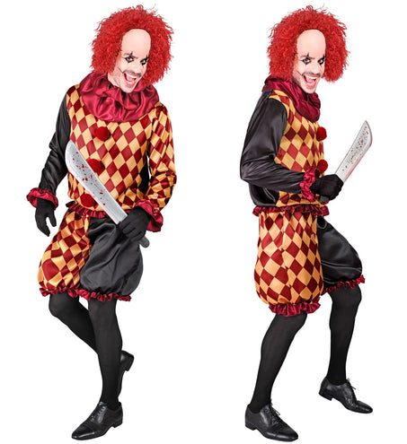 Horror clown kostuum heren van voren en van opzij, zwarte satijnen mouwen met bordeaux ruches