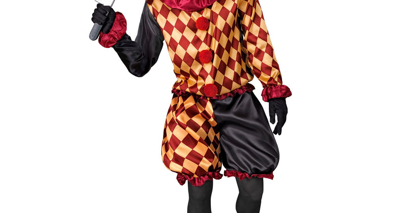 Horror clown kostuum Lars heren met rood-gouden ruitjas, bordeaux plooikraag en pofbroek voor Halloween