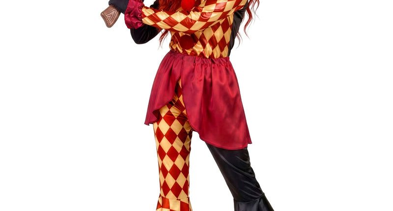 Horror clown kostuum Sara dames met rood-goud ruitpatroon en geplooide kraag voor Halloween
