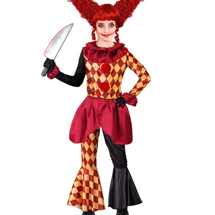 Horror clown kostuum Sara meisjes met bordeaux schootrand en wijd uitlopende broekpijpen