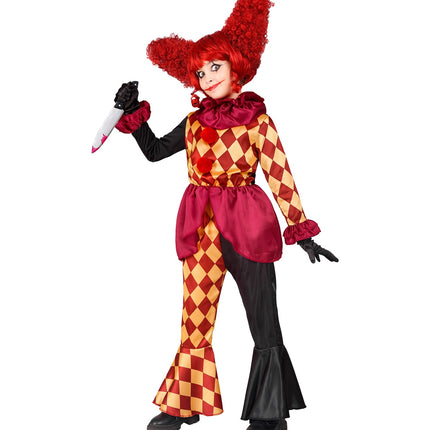 Horror clown kostuum Sara met rode pompons op de jas en bordeaux ruches aan de manchetten