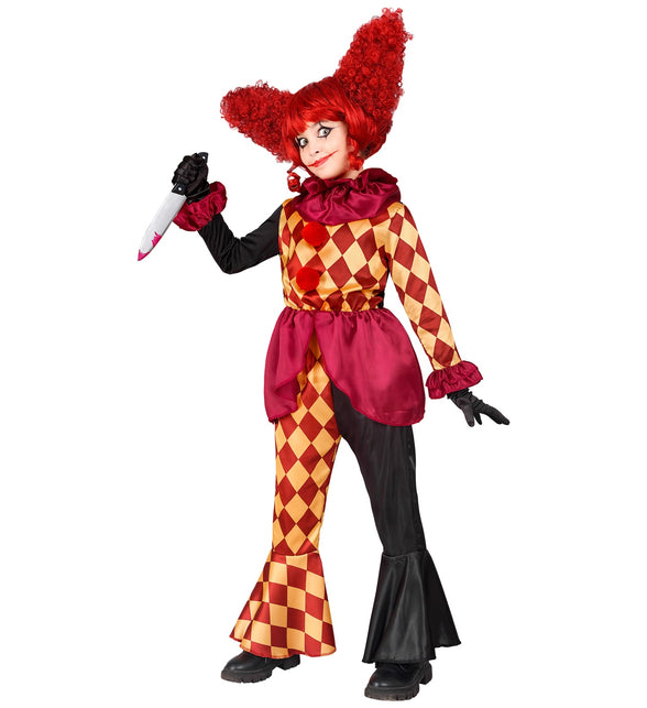 Horror clown kostuum Sara met rode pompons op de jas en bordeaux ruches aan de manchetten