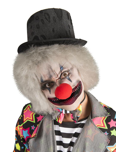 Horror clown make up-set opgemaakt: wit gezicht, blauwe ogen en grijnsmond voor Halloween