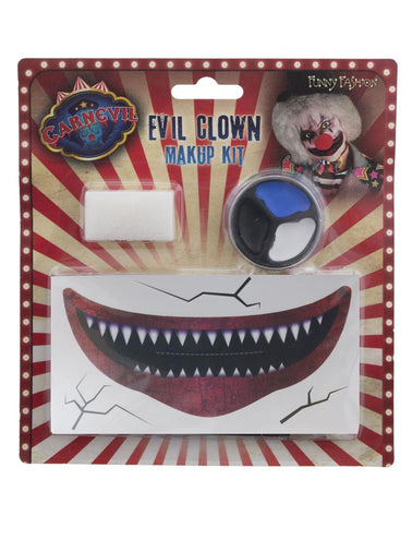 Horror clown make up-set in verpakking met schminkpalet, spons en sticker met getande grijns