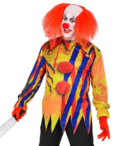 Horror clown shirt psycho in geel met blauwe en rode strepen, rode pompons en bloedspatten, voor Halloween