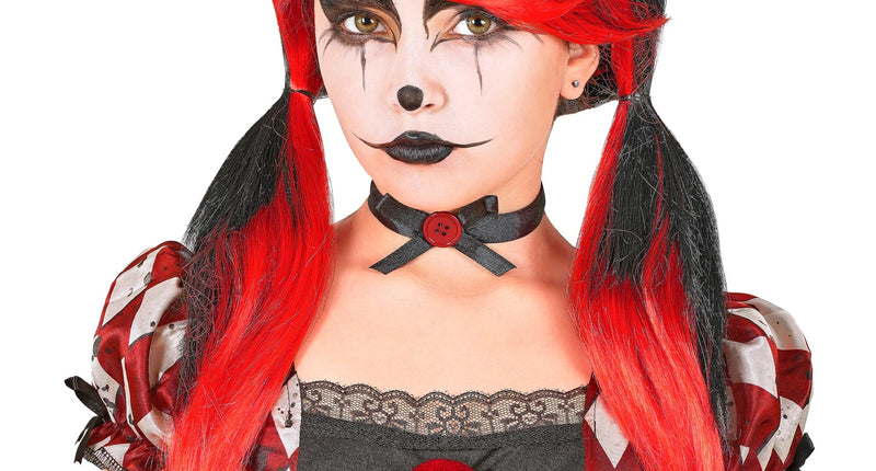 Horror clownpruik meisjes met zwarte bovenlaag, felrode lokken en twee lange zijstaarten voor Halloween
