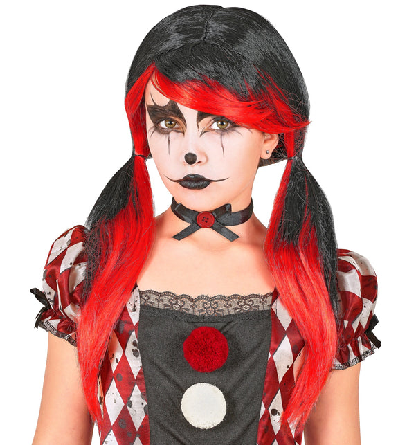 Horror clownpruik meisjes met zwarte bovenlaag, felrode lokken en twee lange zijstaarten voor Halloween