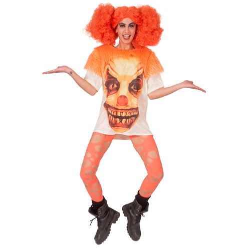 Horror clownsshirt met pluizige oranje schouderkraag, gecombineerd met oranje krullenpruik