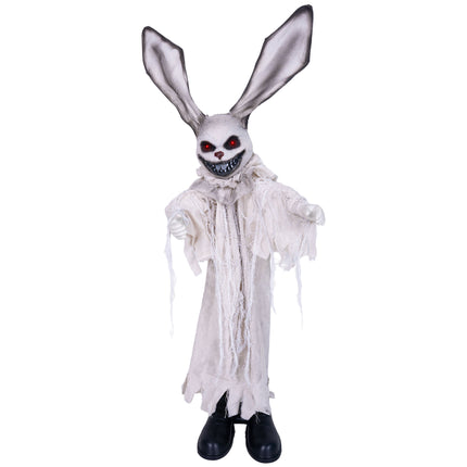 Horror konijn animatronic 110 cm in wit gerafeld gewaad met rood oplichtende ogen voor Halloween