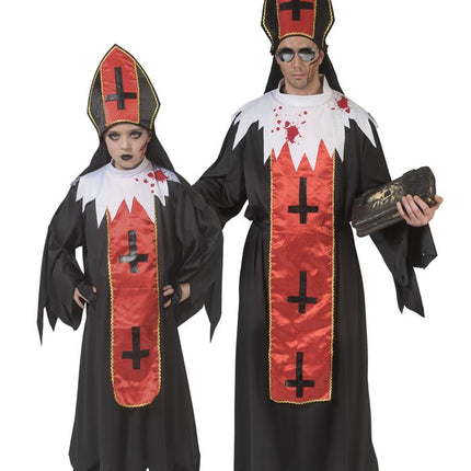 Horror paus pak Franciscus voor heren, met witte kraag met bloedspatten en rood-zwarte mijter