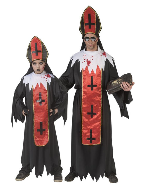 Horror paus pak Franciscus voor heren, met witte kraag met bloedspatten en rood-zwarte mijter