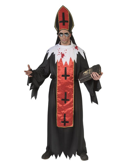 Horror paus pak Franciscus met zwarte mantel, rode stola met omgekeerde kruizen en hoge mijter voor Halloween