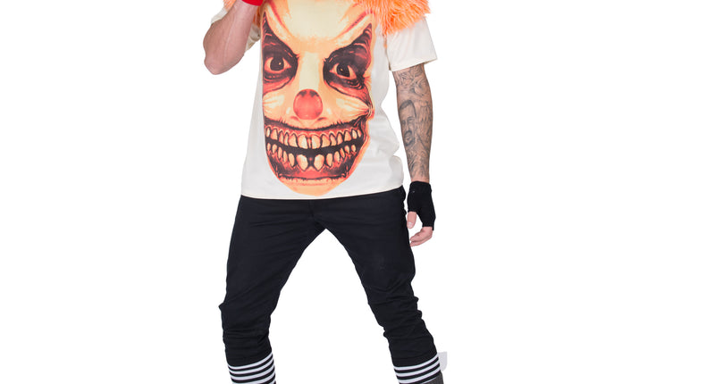 Horror t-shirt clown Barry in wit met grote clownsprint en oranje bontkraag, voor Halloween