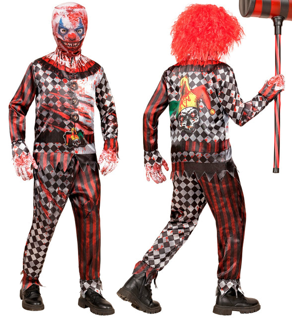 Horrorclown kostuum kind voor- en achterkant met schedelprint met narrenkap op de rug