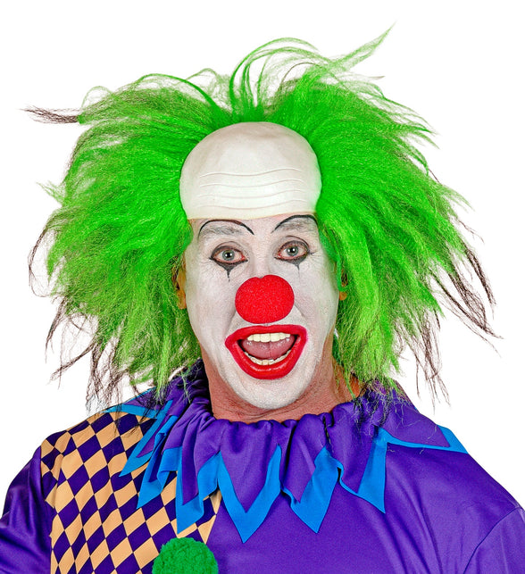 Horrorclown pruik groen met pluizig haar tot in de nek op een griezelige clownslook