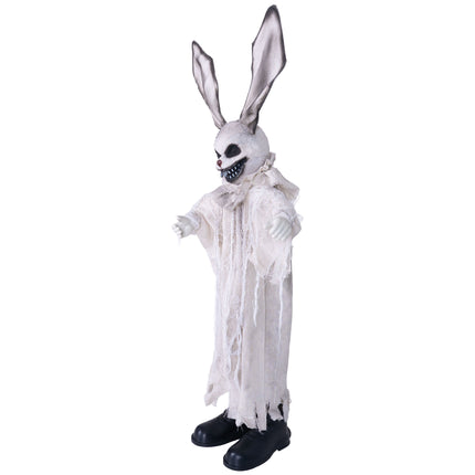 Horrorkonijn decoratiepop van 110 cm van de zijkant, met geplooide kraag en zwarte laarzen