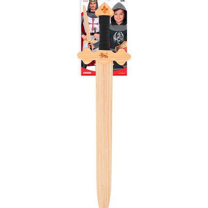 Houten ridderzwaard op verkoopkaart met fleur-de-lis op de pommel