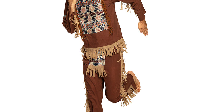 Indianenpak heren Great hawk in bruin met beige franjes, geweven ruitmotief en hoofdband met veren
