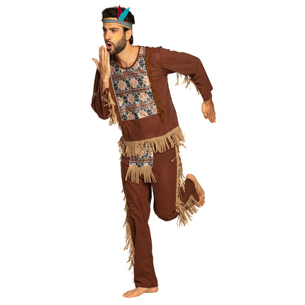 Indianenpak heren Great hawk in bruin met beige franjes, geweven ruitmotief en hoofdband met veren