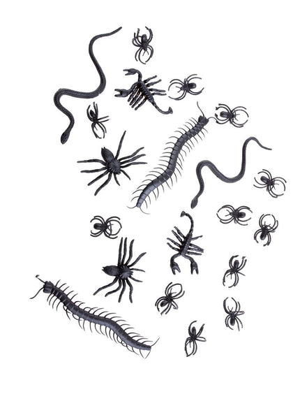 Insecten collectie Halloween: 20 zwarte spinnen, schorpioenen, duizendpoten en slangen van PVC