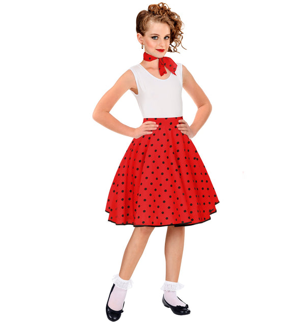 Jaren 50 rok Holly op lichaamslengte 158 cm, wijde cirkelrok met brede tailleband en witte top