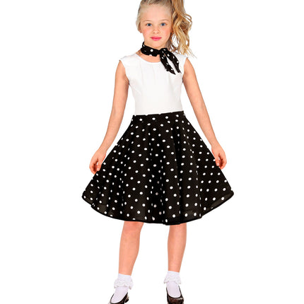 Jaren 50 rok Holly met zwarte tailleband en ronde witte stippen, fifties look voor een jaren 50-feest
