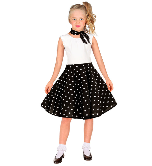 Jaren 50 rok Holly met zwarte tailleband en ronde witte stippen, fifties look voor een jaren 50-feest
