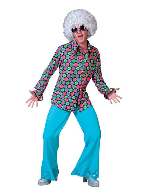 Jaren zestig blouse voor mannen met bonte bolletjesprint in roze, groen en blauw, voor een discofeest