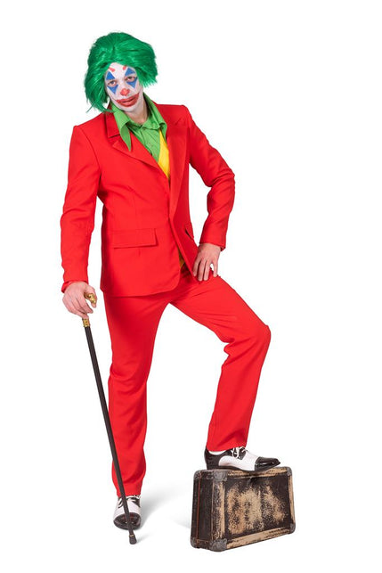 Joker James kostuum rood gecombineerd met groene pruik en clownsschmink voor Halloween