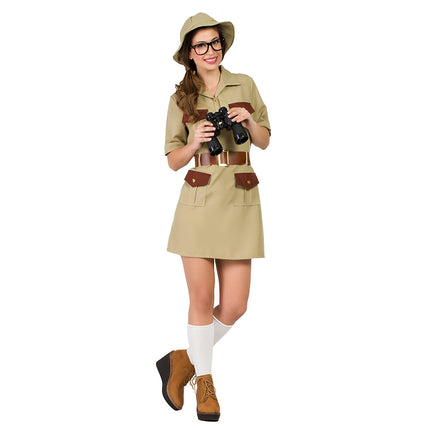 Jungle kostuum Jade dames: khaki jurk met bruine klepzakken, riem met goudkleurige gesp en hoed