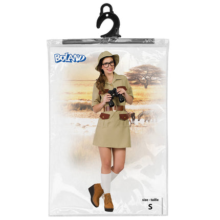 Jungle kostuum Jade in verpakking van Boland, maat S, khaki jurk met bruine riem en hoed