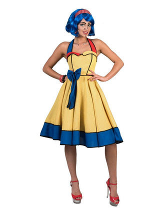 Jurk Pop art kostuum in geel met rood stippenraster, blauwe strik en blauwe zoomband, voor een jaren 60-feest