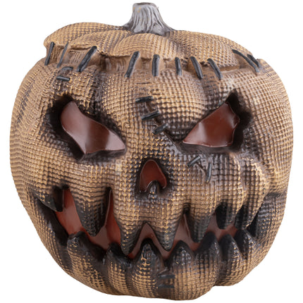 Jute pompoen 30 cm met zwarte nietjes langs de bovenrand en jutestructuur in het pvc, licht uit