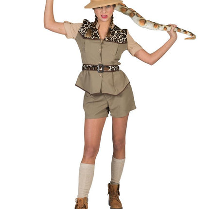 Kaki safaripak voor dames met knoopsluiting, borstzakken en riem met dierenprint