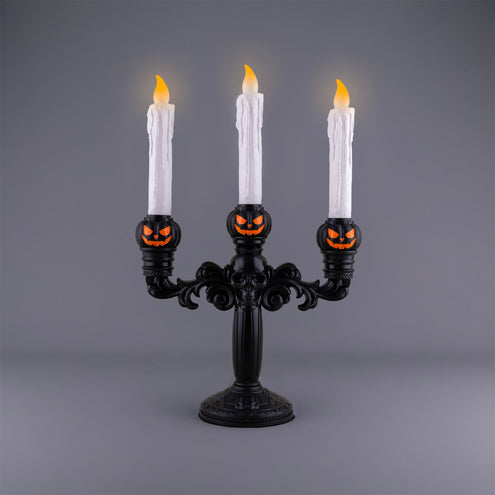 Kandelaar met 3 led kaarsen in zwart met doodskop en oranje pompoenkoppen, brandende ledvlammen voor Halloween