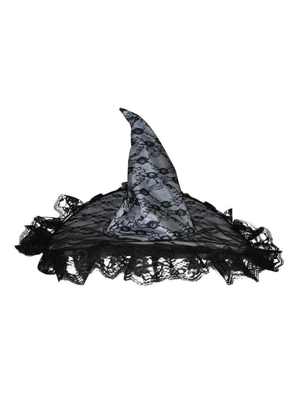 Kanten heksenhoed met zwart kantmotief en geschulpte kanten rand, voor Halloween