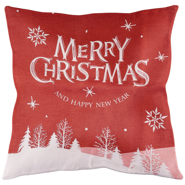 Kerst kussensloop rood met witte kerstwens en besneeuwd bomenlandschap, 43 x 43 cm