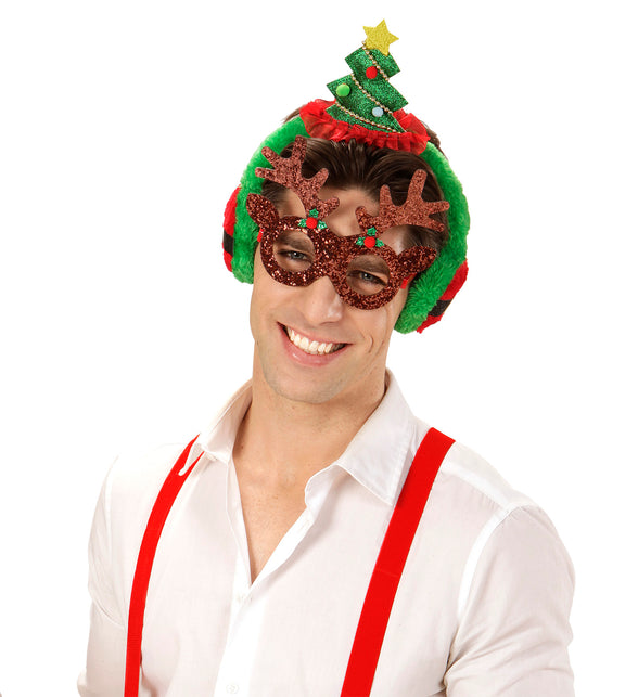 Kerstboom oorwarmers van dichtbij, rode ruche onder de groene glitterboom met gouden ster