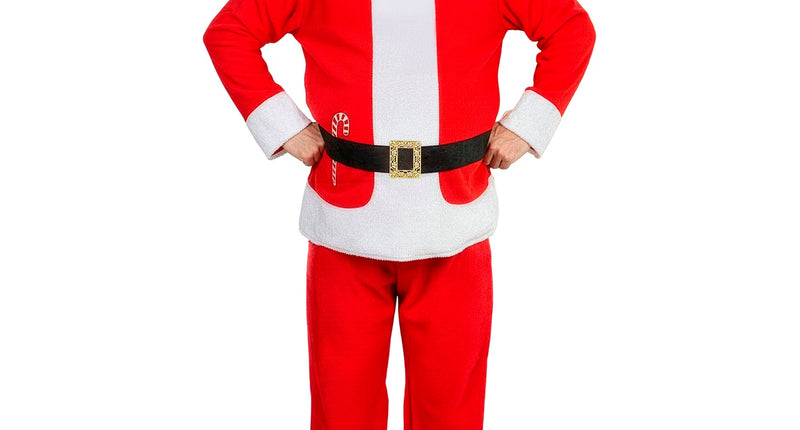 Kerstman voor heren met rode jas, witte middenbaan en opgevulde buik, rode broek en zwarte laarshoezen voor Kerst