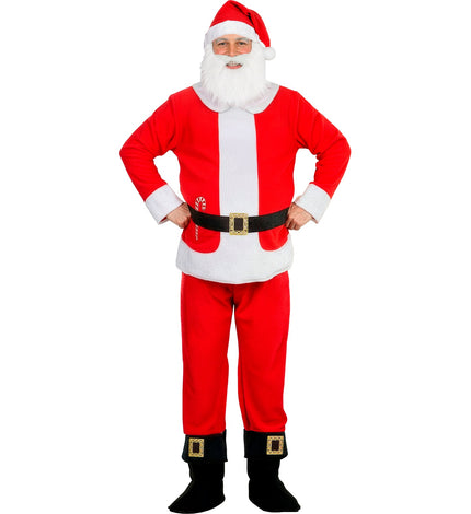 Kerstman voor heren met rode jas, witte middenbaan en opgevulde buik, rode broek en zwarte laarshoezen voor Kerst