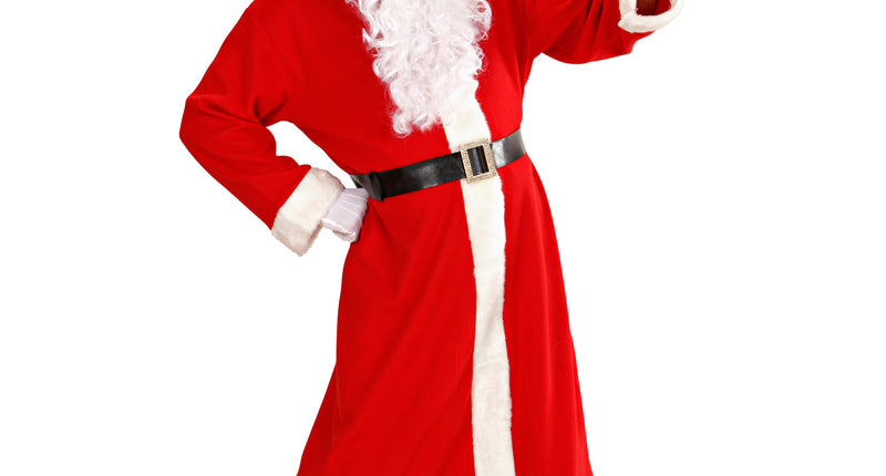 Kerstman jas pak super de luxe in rood met witte plucherand, kap, zwarte riem en witte baard voor Kerst