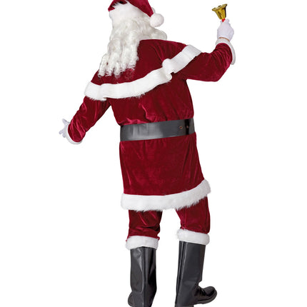 Kerstman kostuum achterzijde: rode jas met witte pluche zoom en cape over de schouders