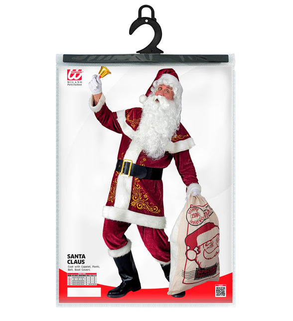 Kerstman kostuum heren in verpakking met jas met cape, broek, riem en laarsbeschermers