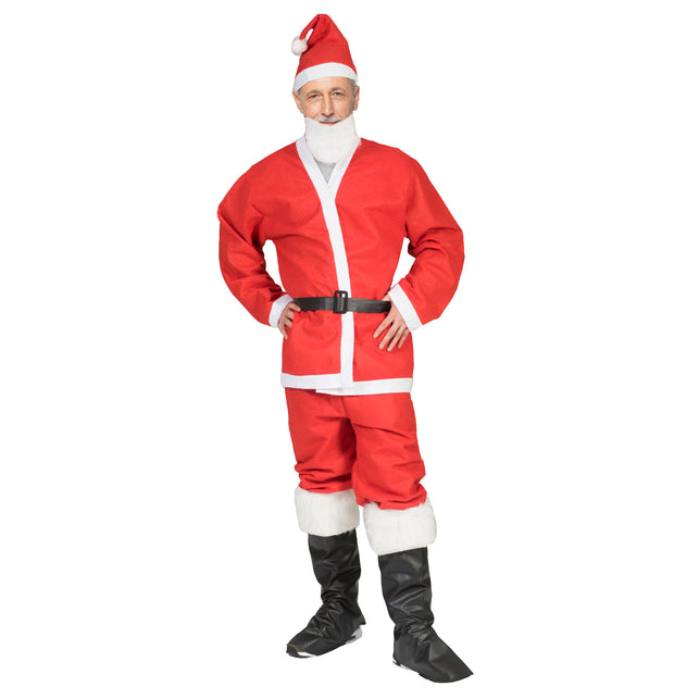 Kerstman pak goedkoop gedragen door heer met witte baard en rode punthoed met pompon, voor Kerst